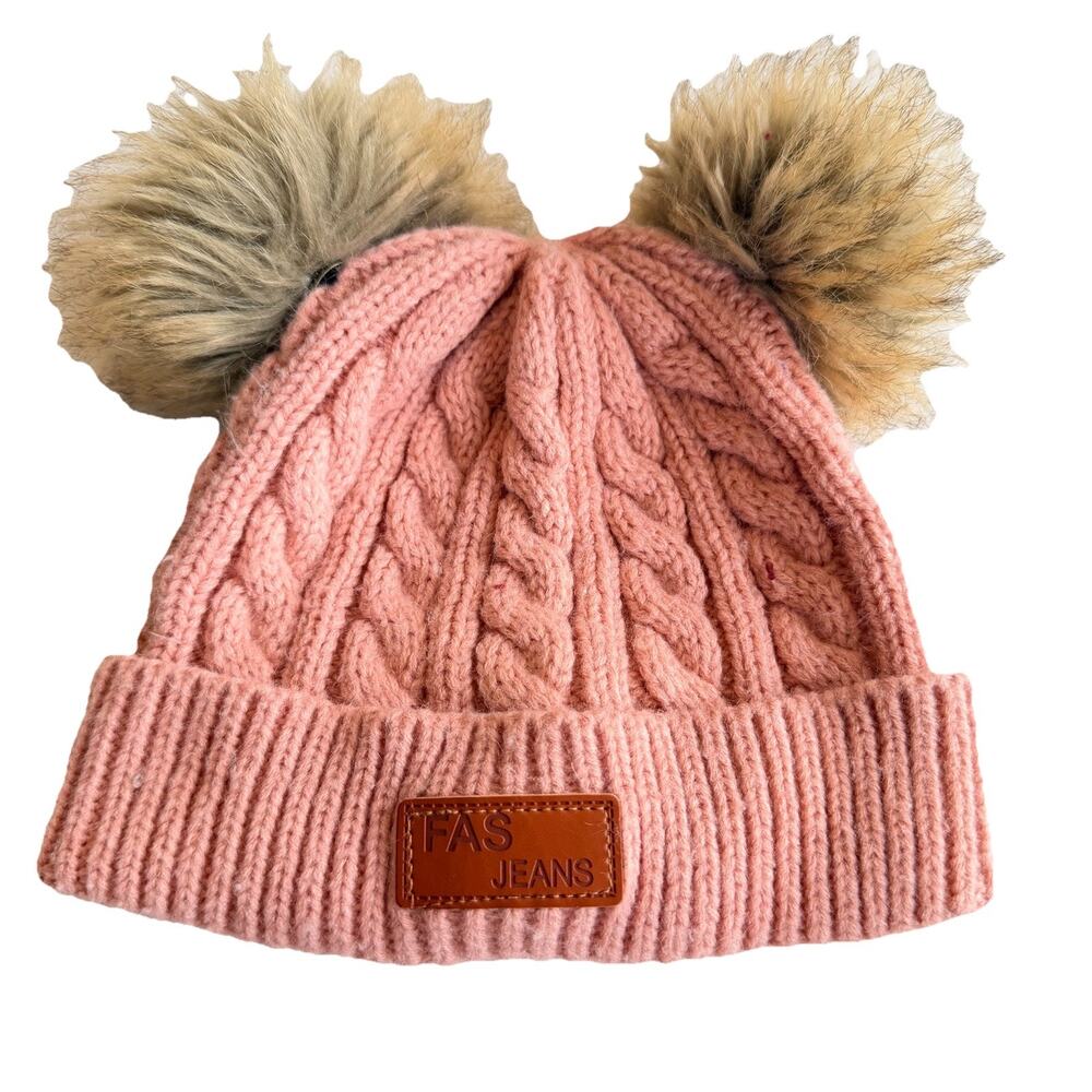 Fas Girls Pink Cable Knit Double Pom Beanie One Size